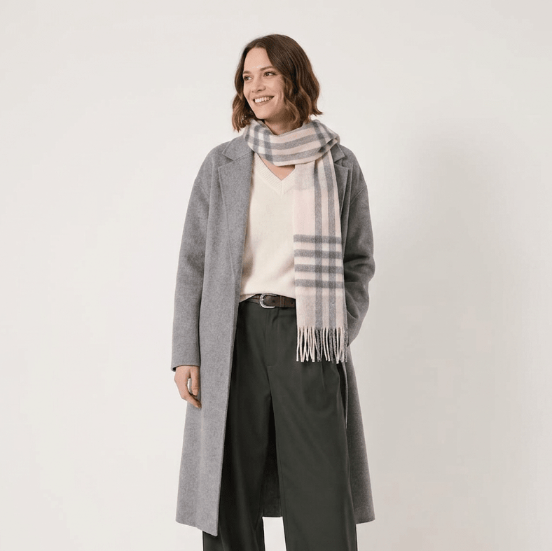 Edinburgh 100% Lambswool Scarf – Premium Soft Wool Wrap - CHEQUER TARTAN LIGHT PINK AND GREY