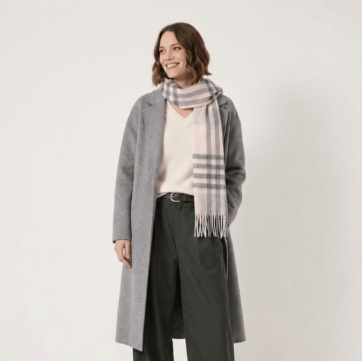 Edinburgh 100% Lambswool Scarf – Premium Soft Wool Wrap - CHEQUER TARTAN LIGHT PINK AND GREY