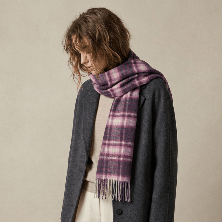 Edinburgh 100% Lambswool Scarf – Premium Soft Wool Wrap - CLUSTER GINGHAM 27627 ASTRAL/BERRY