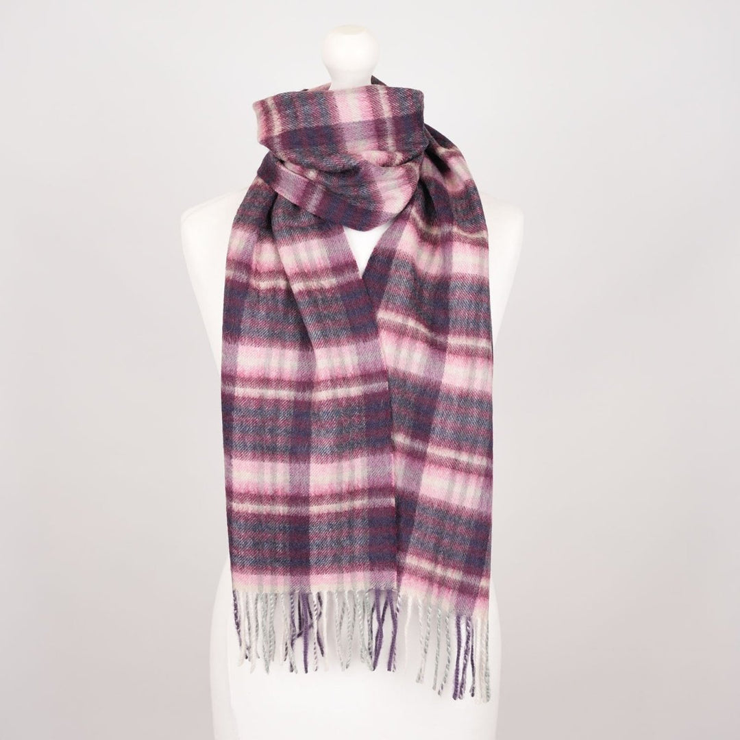 Edinburgh 100% Lambswool Scarf – Premium Soft Wool Wrap - CLUSTER GINGHAM 27627 ASTRAL/BERRY