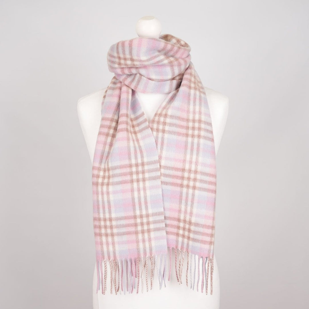 Edinburgh 100% Lambswool Scarf – Premium Soft Wool Wrap - CLUSTER GINGHAM 27622 LILAC/PINK/WHITE