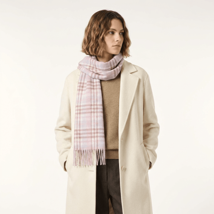 Edinburgh 100% Lambswool Scarf – Premium Soft Wool Wrap - CLUSTER GINGHAM 27622 LILAC/PINK/WHITE
