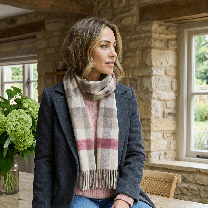 Edinburgh 100% Lambswool Scarf – Premium Soft Wool Wrap - GIANT CHEQUER - PINK/TAUPE