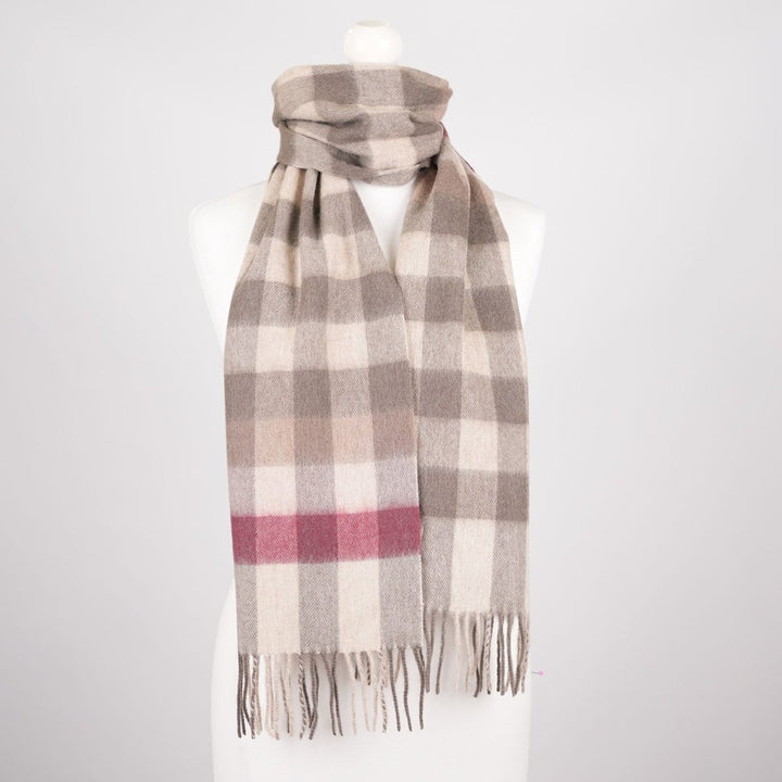 Edinburgh 100% Lambswool Scarf – Premium Soft Wool Wrap - GIANT CHEQUER - PINK/TAUPE