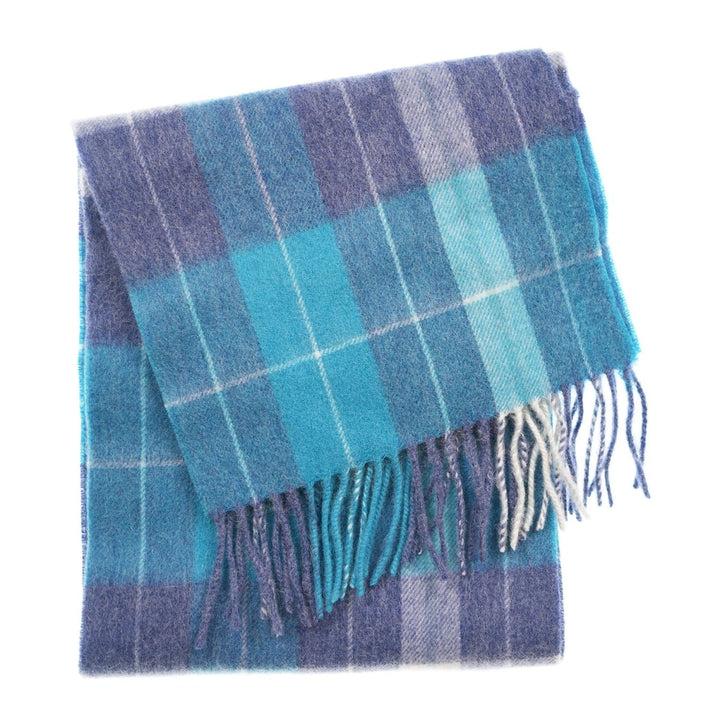 Edinburgh 100% Lambswool Scarf – Premium Soft Wool Wrap - HEIVON CHECK - DENIM/AQUA/LAZULI