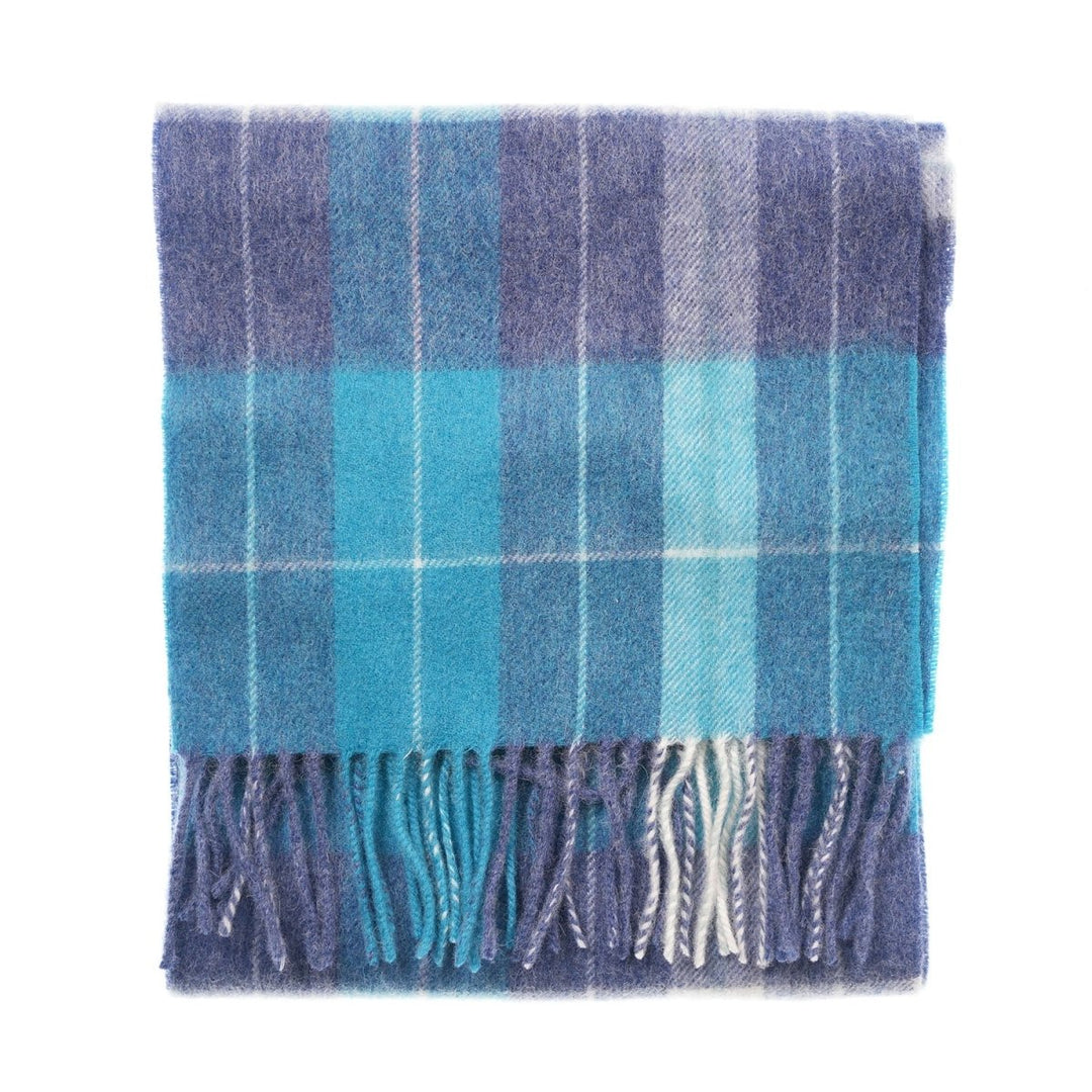 Edinburgh 100% Lambswool Scarf – Premium Soft Wool Wrap - HEIVON CHECK - DENIM/AQUA/LAZULI