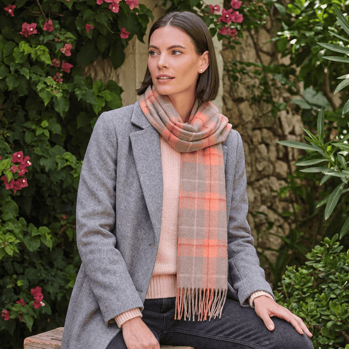 Edinburgh 100% Lambswool Scarf – Premium Soft Wool Wrap - HEIVON TATTERSALL - WARM TAUPE/CORAL