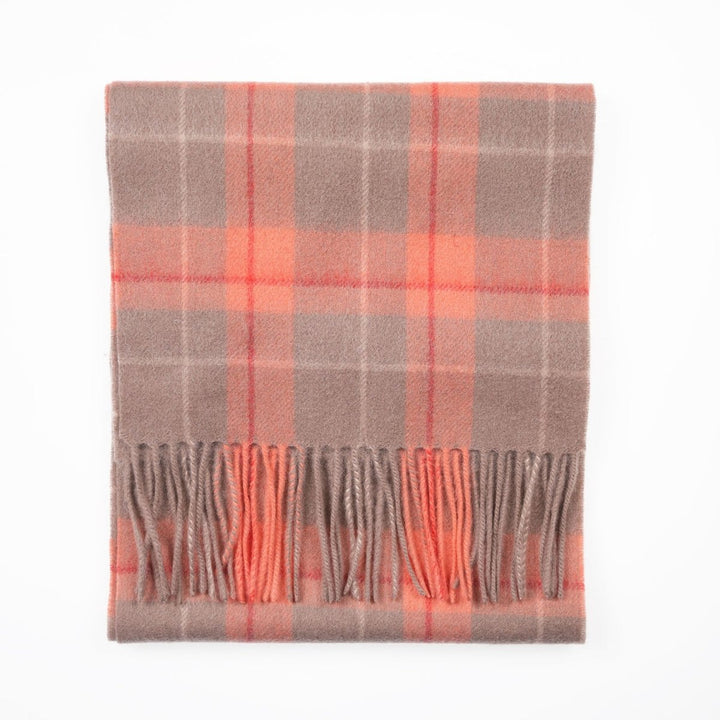 Edinburgh 100% Lambswool Scarf – Premium Soft Wool Wrap - HEIVON TATTERSALL - WARM TAUPE/CORAL