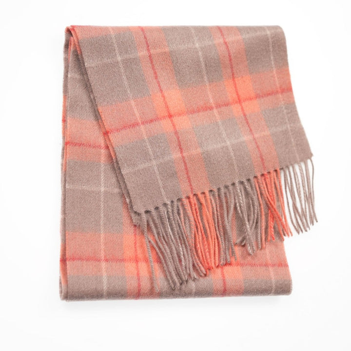 Edinburgh 100% Lambswool Scarf – Premium Soft Wool Wrap - HEIVON TATTERSALL - WARM TAUPE/CORAL