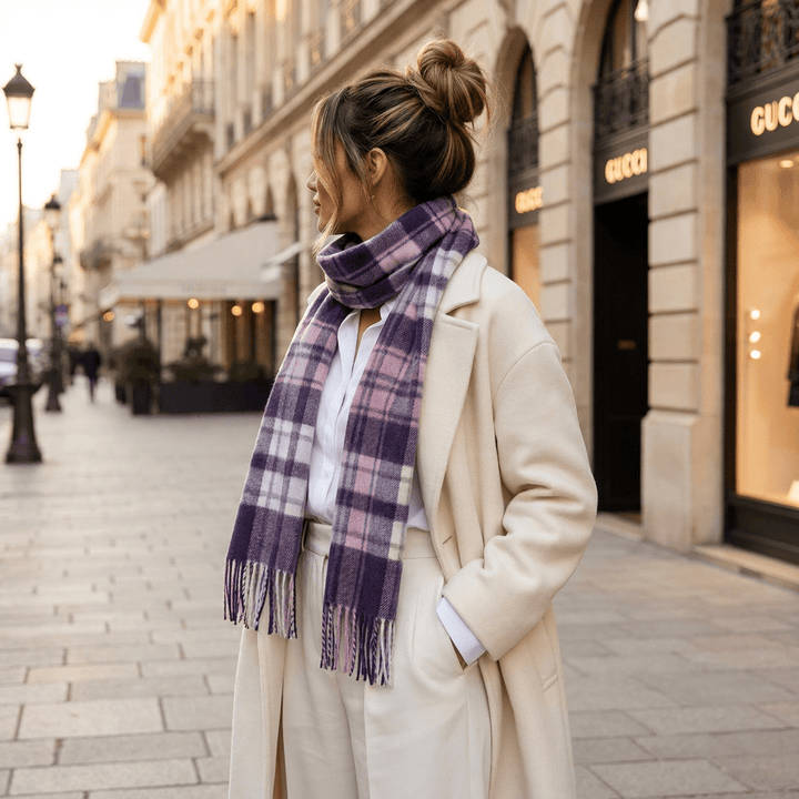 Edinburgh 100% Lambswool Scarf – Premium Soft Wool Wrap - HENOLD - BLACKBERRY/BLUE/CAMELLIA