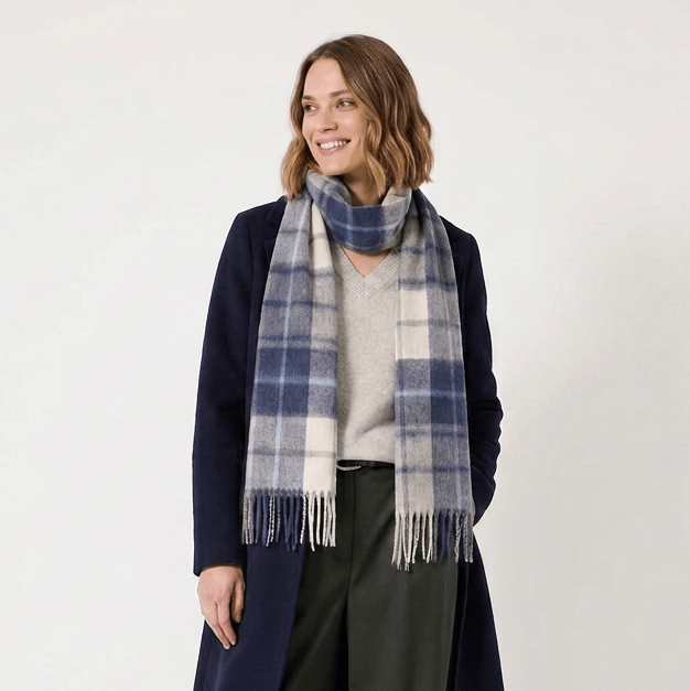 Edinburgh 100% Lambswool Scarf – Premium Soft Wool Wrap - MILL CHECK NAVY