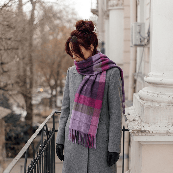 Edinburgh 100% Lambswool Scarf – Premium Soft Wool Wrap - MIXED CHECK - HEATHER/PINK