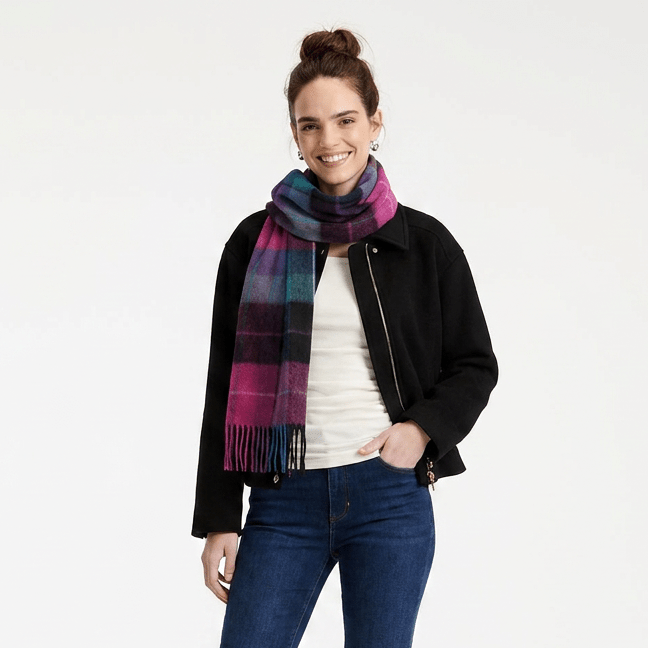 Edinburgh 100% Lambswool Scarf – Premium Soft Wool Wrap - MIXED CHECK - MAGENTA/BLACK