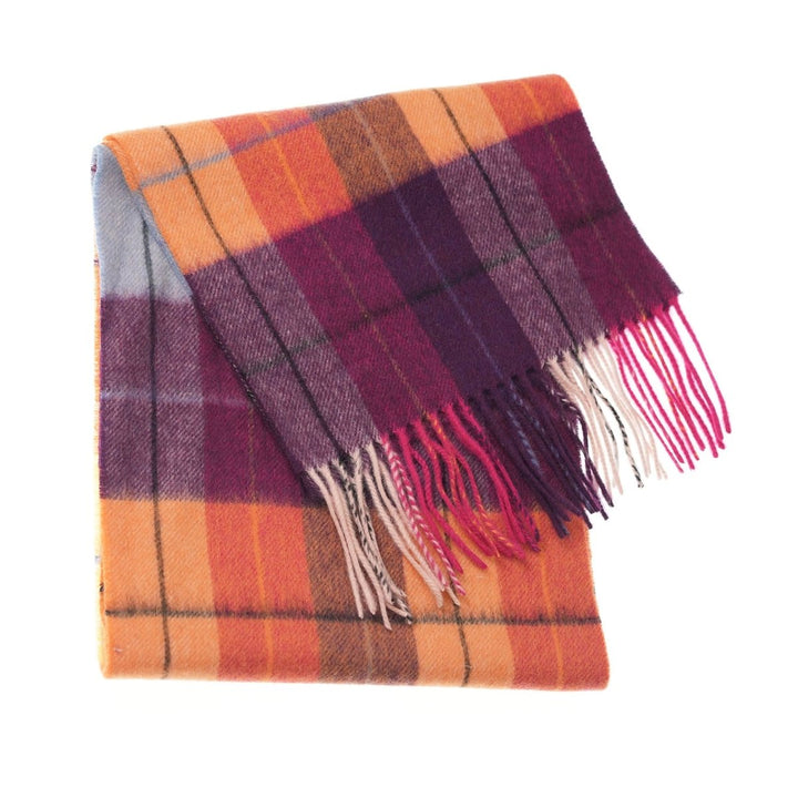 Edinburgh 100% Lambswool Scarf – Premium Soft Wool Wrap - MULTI WINDOWPANE - GINGER/PLUM