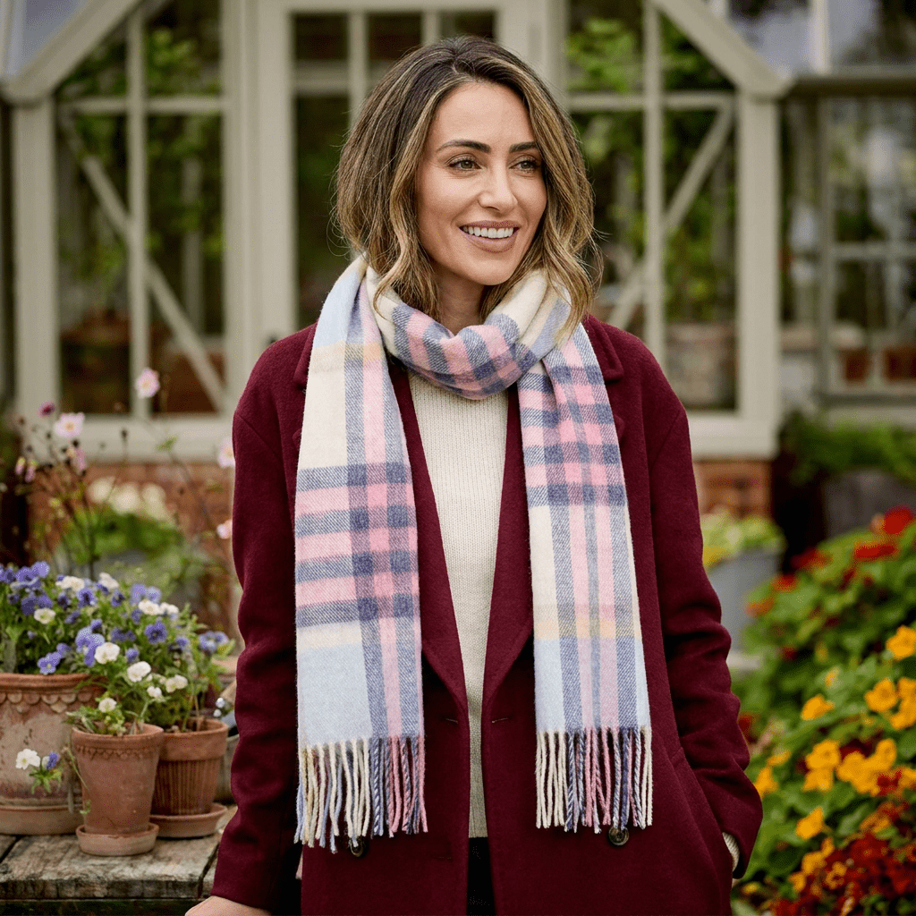 Edinburgh 100% Lambswool Scarf – Premium Soft Wool Wrap - CHEQUER TARTAN - PASTEL PINK