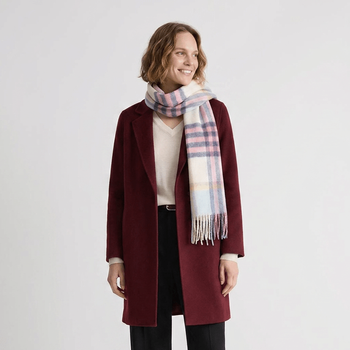 Edinburgh 100% Lambswool Scarf – Premium Soft Wool Wrap - CHEQUER TARTAN - PASTEL PINK