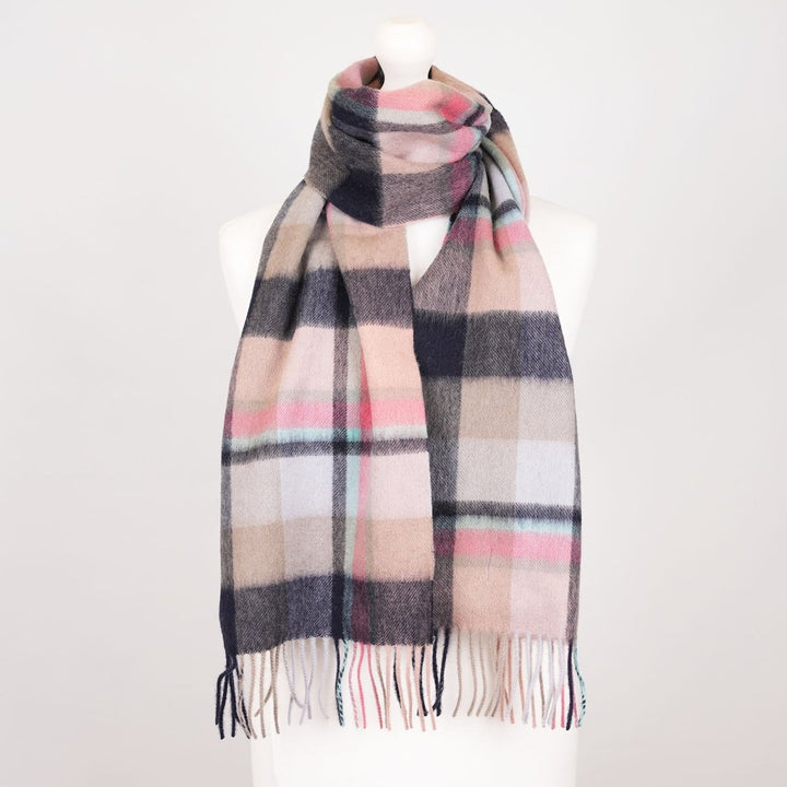 Edinburgh 100% Lambswool Tartan Scarf Myriad Check - Navy/Peony/Aqua