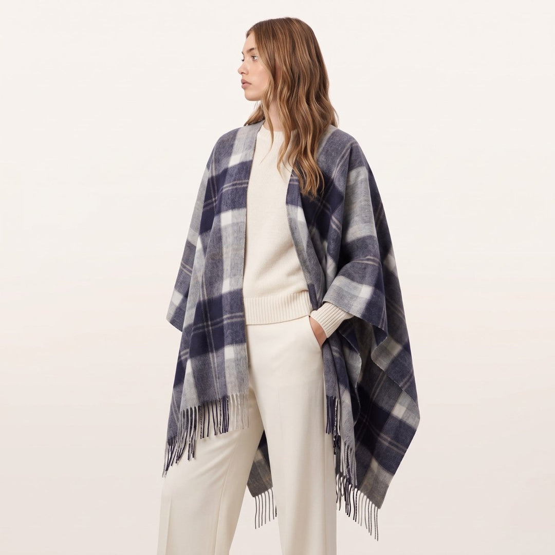 Edinburgh Lambswool Long Tartan Cape - Premium Plaid Wrap - Bannockbane Silver