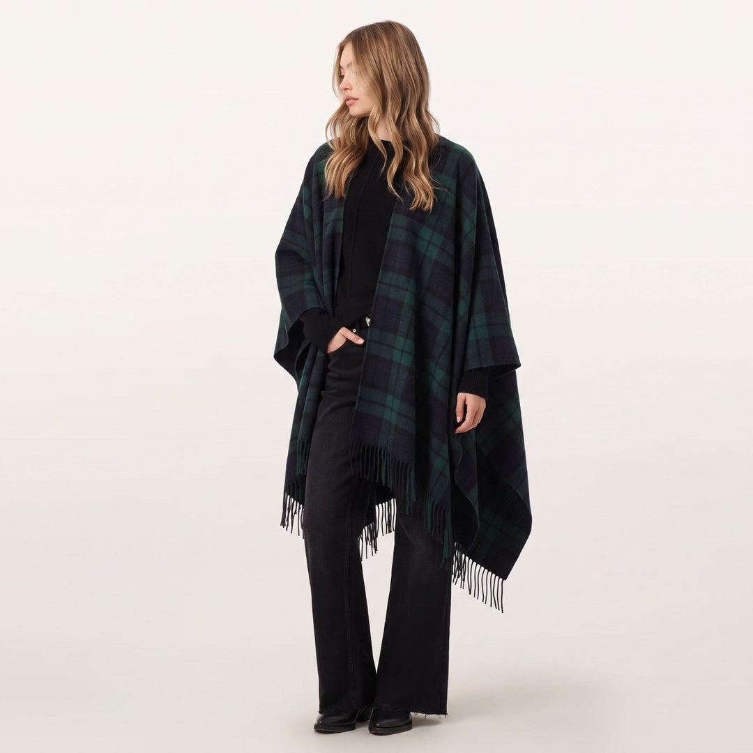 Edinburgh Lambswool Long Tartan Cape - Premium Plaid Wrap - Black Watch