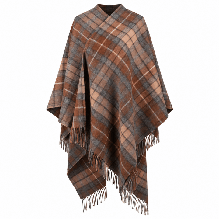 Edinburgh Lambswool Long Tartan Cape - Premium Plaid Wrap - Buchanan Natural