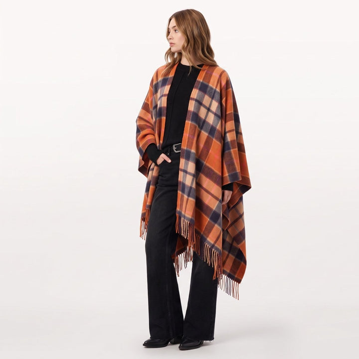 Edinburgh Lambswool Long Tartan Cape – Premium Plaid Wrap - Cragg Check Ginger