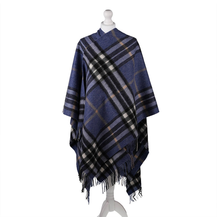 Edinburgh Lambswool Long Tartan Cape - Premium Plaid Wrap - Enlarged Off Ctr Scotty Thom Denim