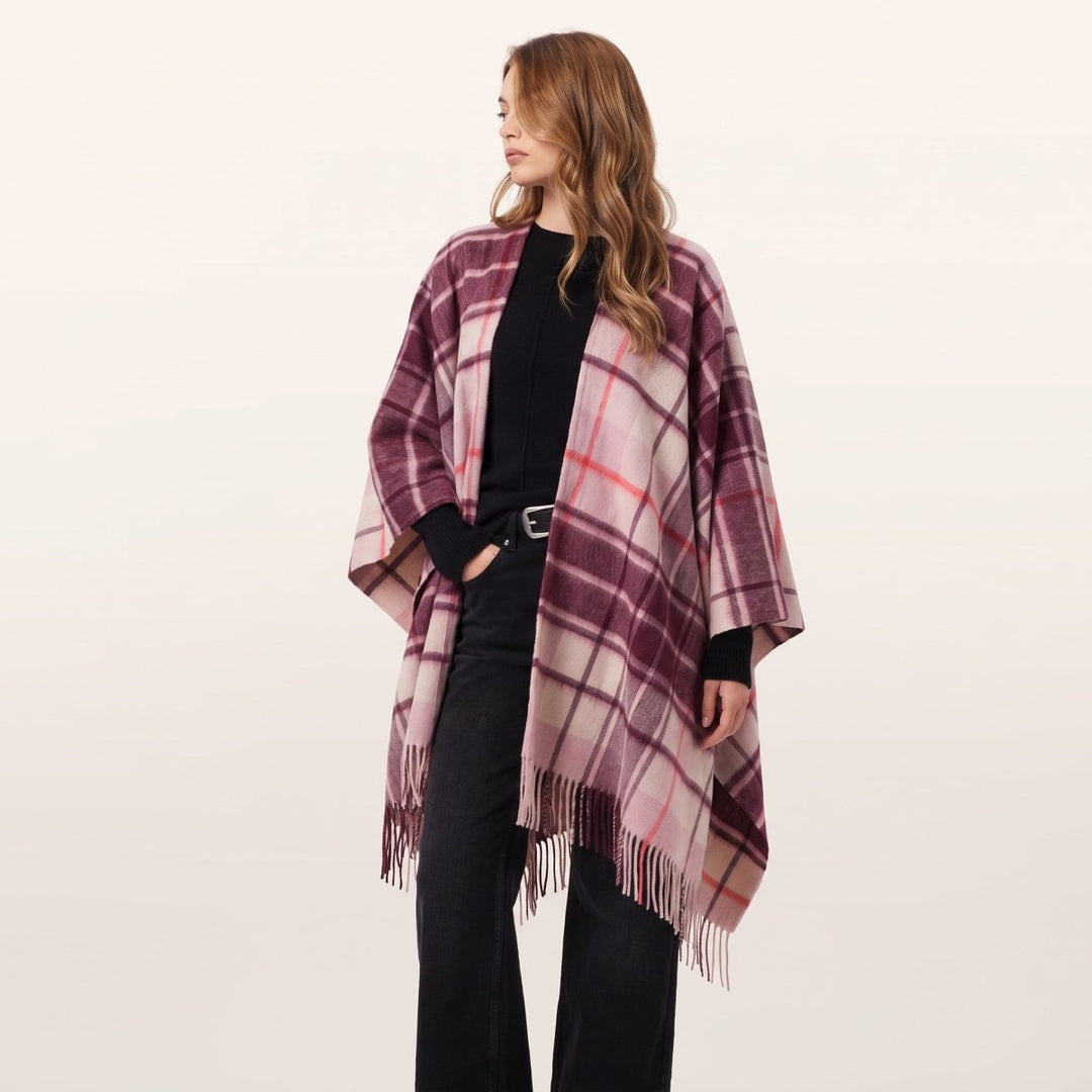 Edinburgh Lambswool Long Tartan Cape - Premium Plaid Wrap - Mill Check Pink