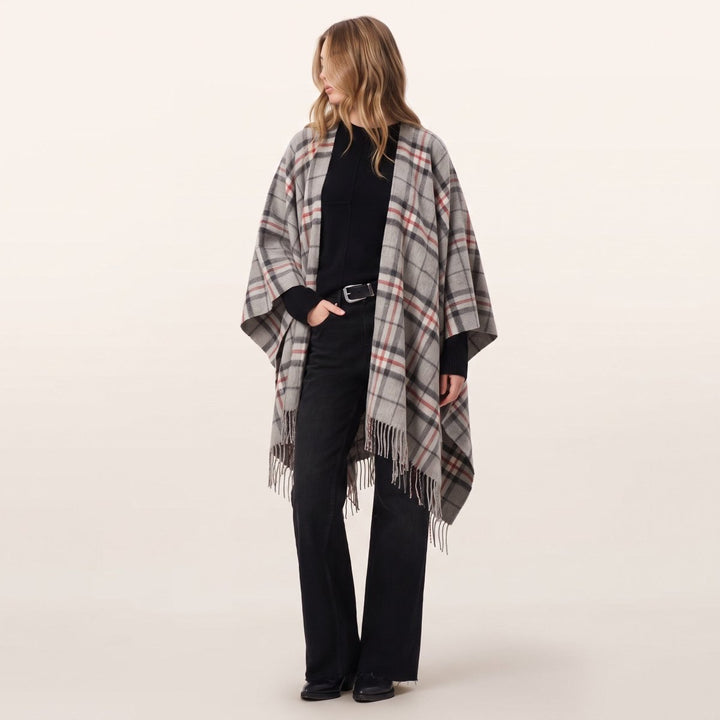 Edinburgh Lambswool Long Tartan Cape - Premium Plaid Wrap - Thomson Grey