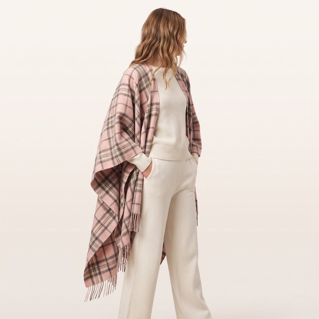 Edinburgh Lambswool Long Tartan Cape  - Premium Plaid Wrap - Thomson Pale Pink