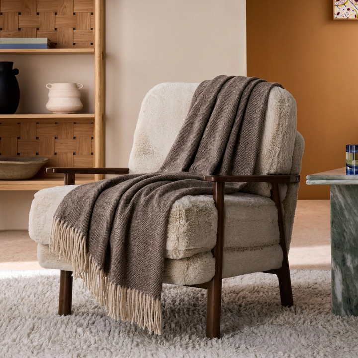 Highland Herringbone Wool Blend Throw Blanket with Tasselled Fringe - DEEP BROWN