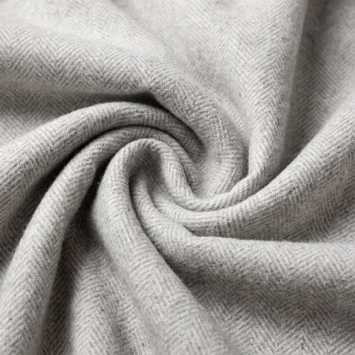 Recycled Wool Herringbone Blanket with Fringe - Soft Warm Throw - OYSTER GREY