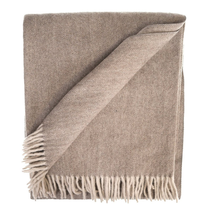Recycled Wool Herringbone Blanket with Fringe - Soft Warm Throw - TAUPE