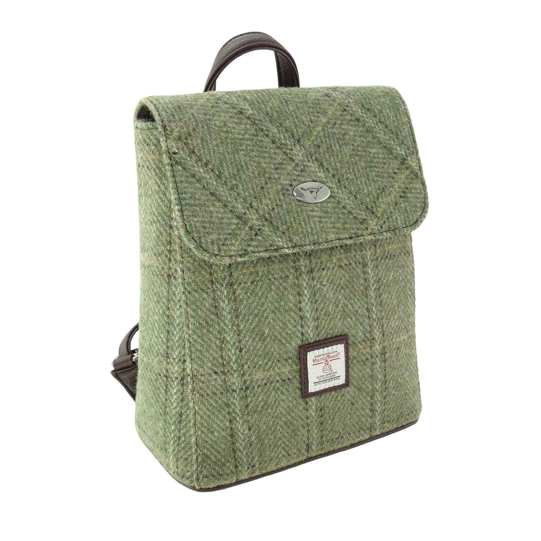 Harris Tweed Tummel Mini Backpack - Small Backpack with Phone Pocket - Green Herringbone with Overcheck (COL153)