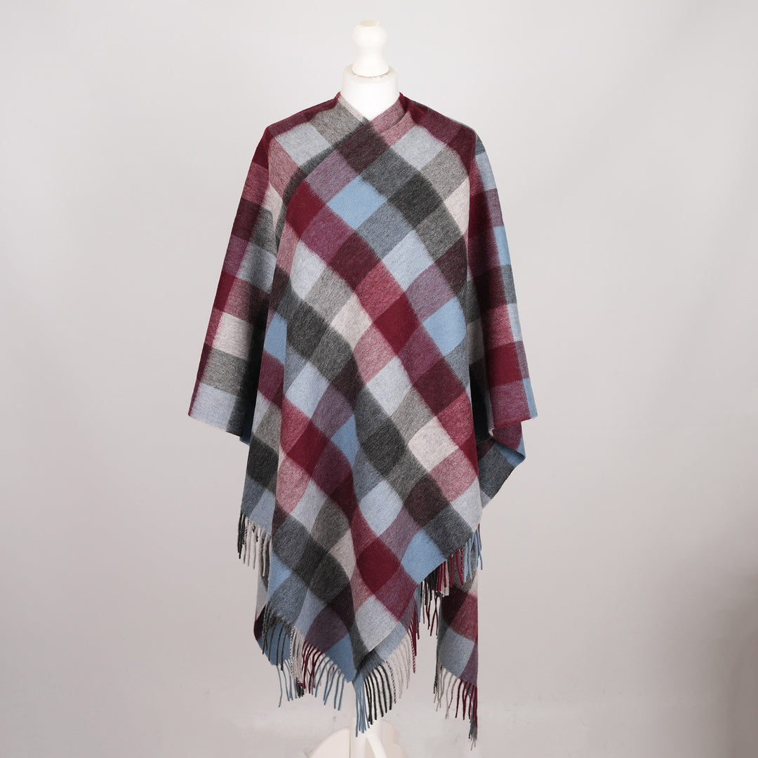 Edinburgh Long Lambswool Tartan Cape – Premium Plaid Wrap - Checkers Burgundy
