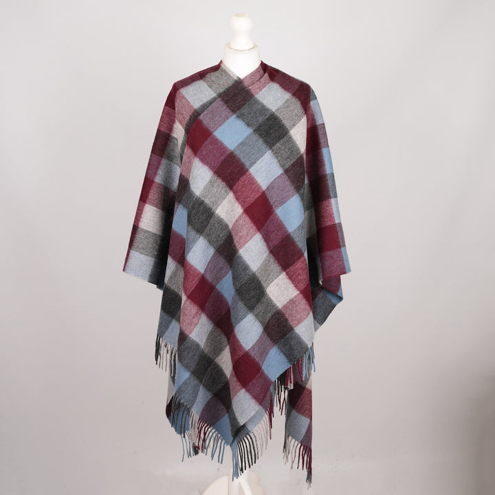 Edinburgh Long Lambswool Tartan Cape – Premium Plaid Wrap - Checkers Burgundy