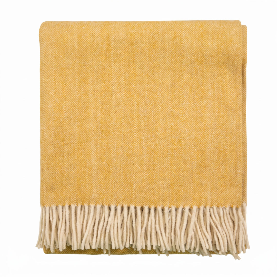 Highland Herringbone Wool Blend Throw Blanket with Tasselled Fringe - MUSTARD
