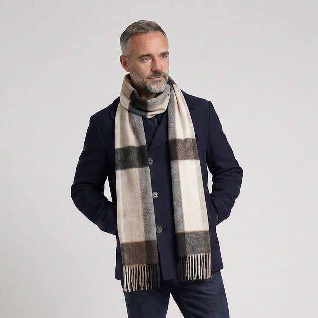 Tartan Weaving Mill 100% Pure Cashmere Scarf – Made in Scotland - BLOCK PINSTRIPE COCOA
