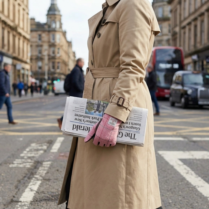 Boxed Harris Tweed and Brown Leather Ladies Gloves