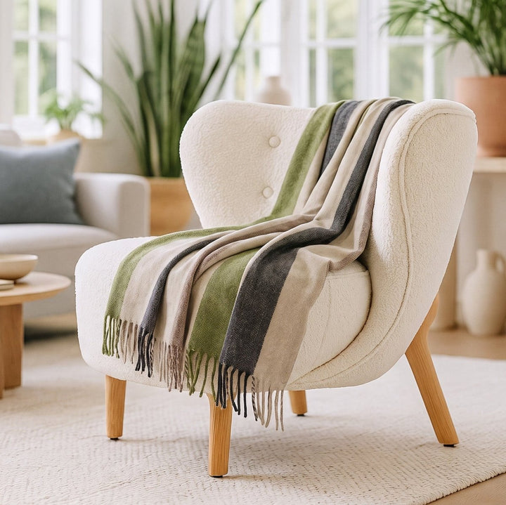 Stripe Herringbone Wool Blanket - Natural Green