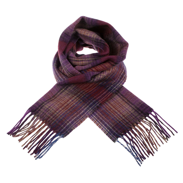 Edinburgh 100% Lambswool Scarf  Graded Stripey Check - Trench/Wineberry