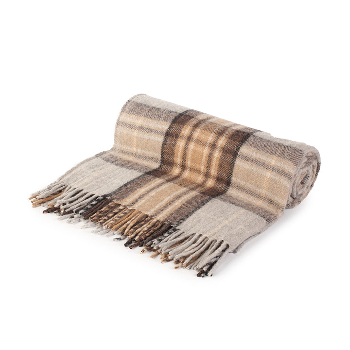 Highland Wool Blend Tartan Blanket / Throw Extra Warm Mackellar Natural