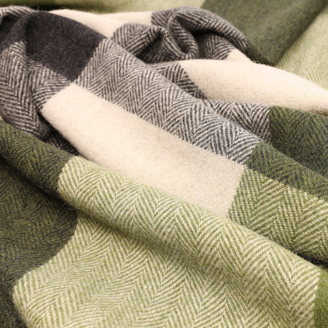 Block Check Herringbone Knee Blanket Natural Green - Dunedin Cashmere