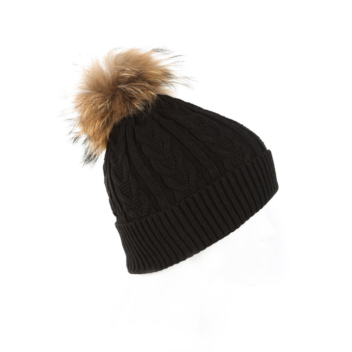 Cable Pom Hat Ft Black/Natural - Dunedin Cashmere