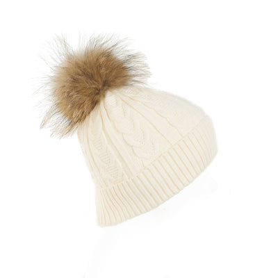 Cable Pom Hat Ft Ice White/Natural - Dunedin Cashmere