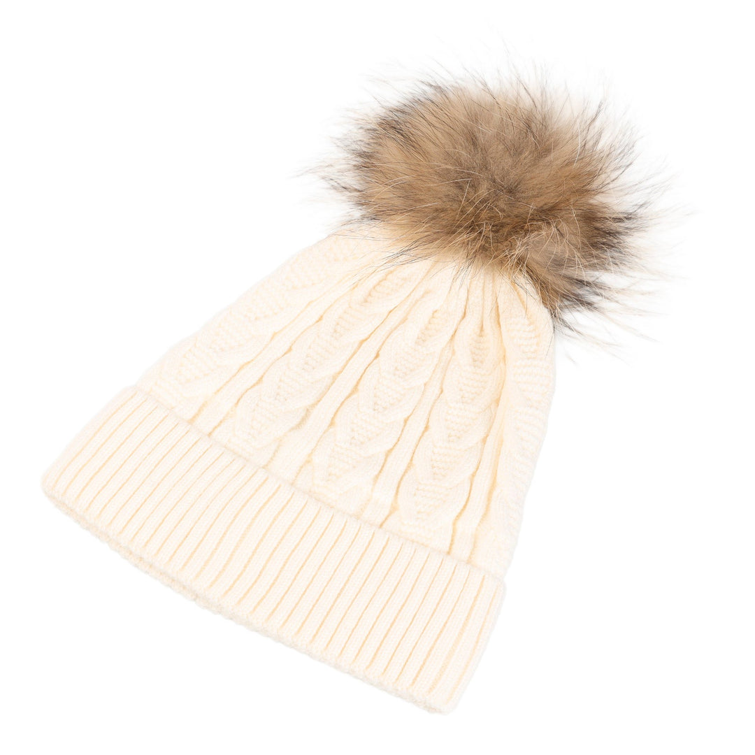 Cable Pom Hat Ft Ice White/Natural - Dunedin Cashmere