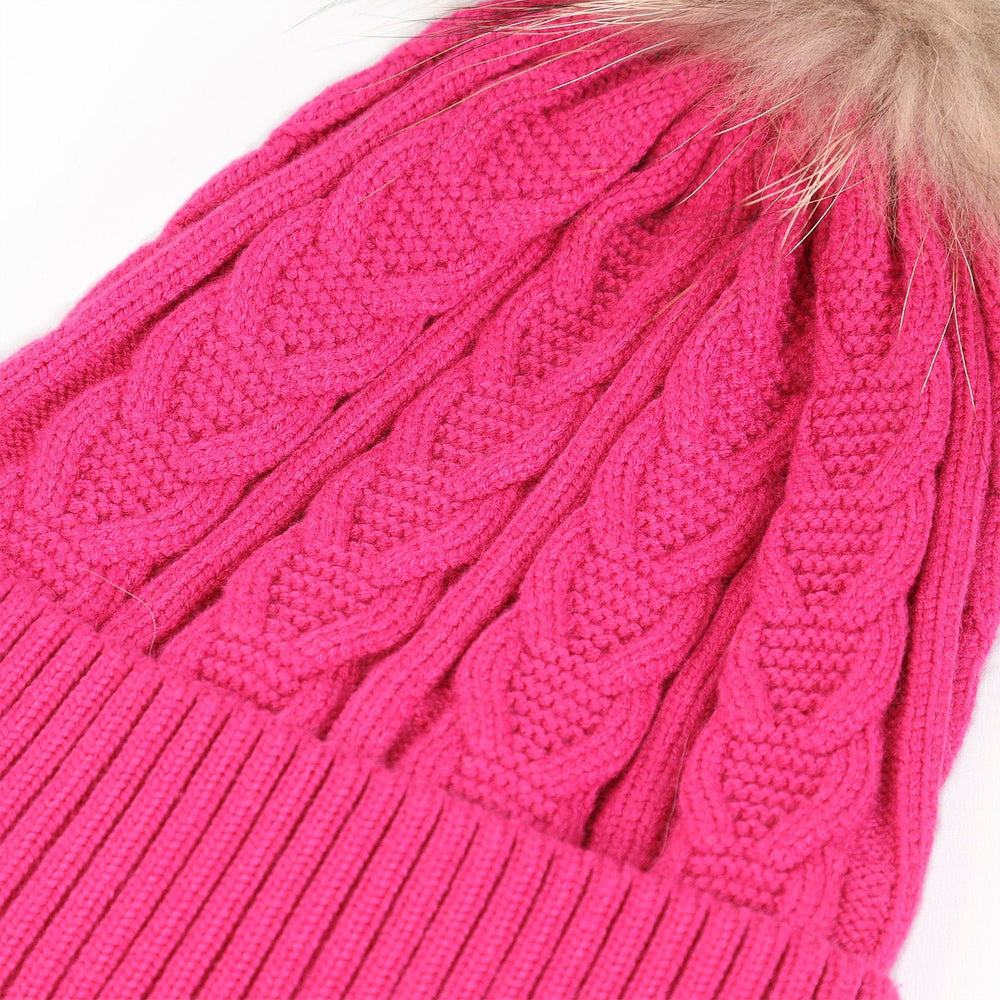 Cable Pom Hat Ft Raspberry/Natural - Dunedin Cashmere