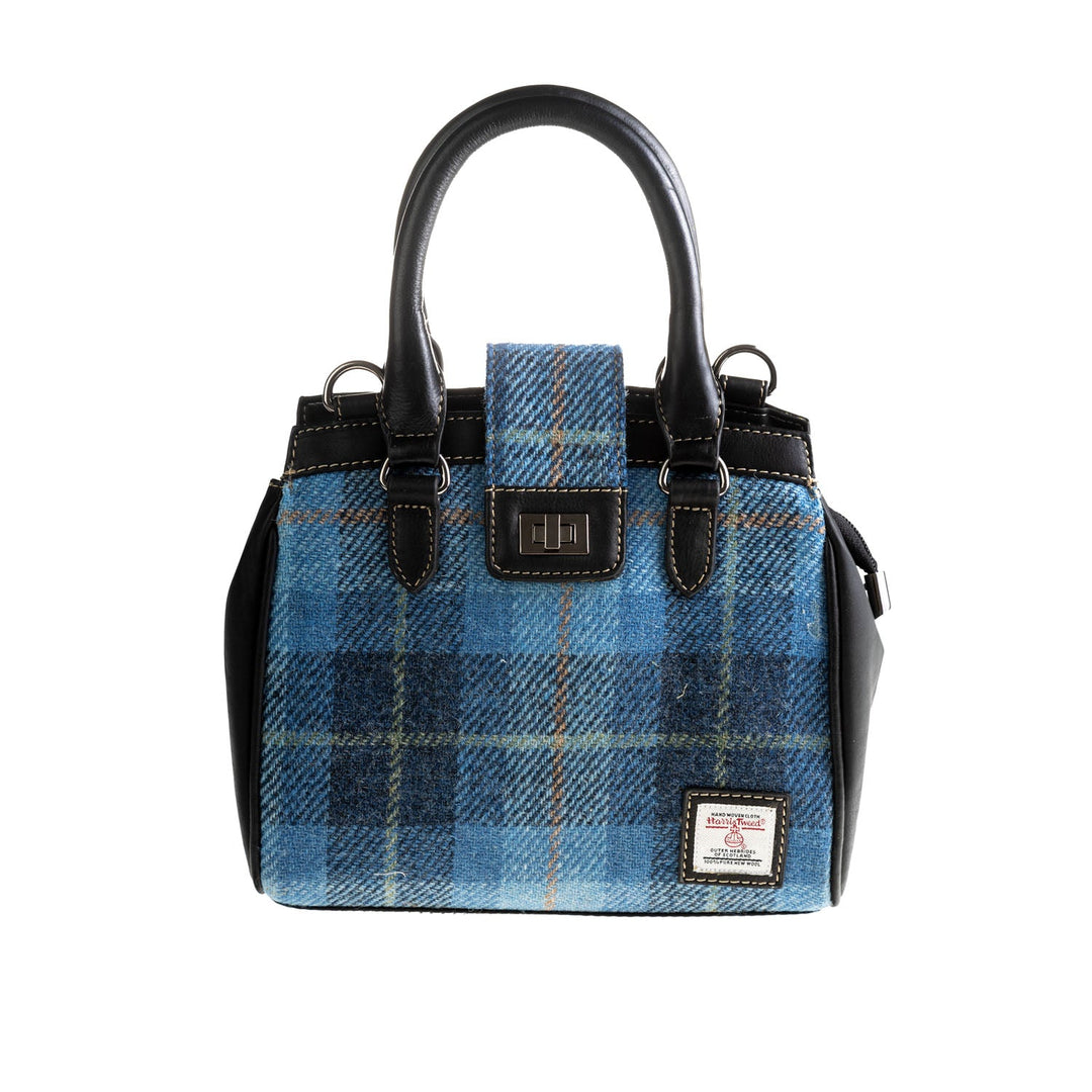 Ht Leather Hand Bag With Flap Closer Blue Check / Black - Dunedin Cashmere