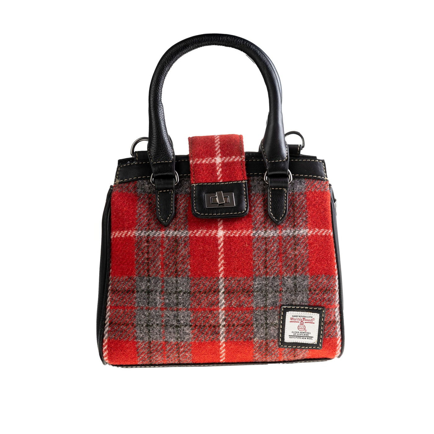 Ht Leather Hand Bag With Flap Closer Red Check / Black - Dunedin Cashmere