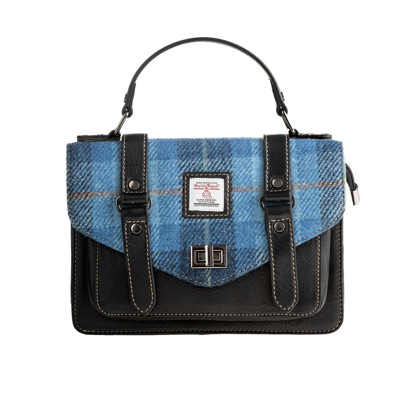 Ht Leather Satchel Bag Blue Check / Black - Dunedin Cashmere