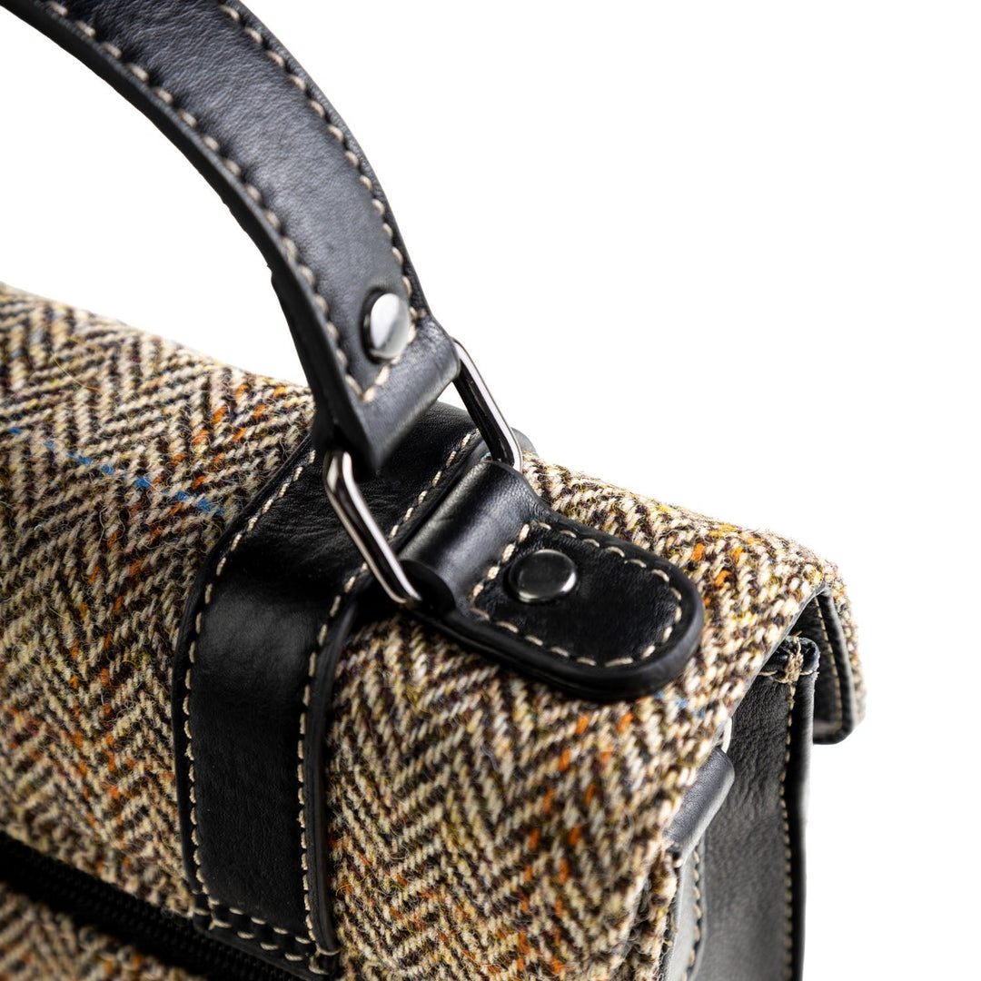 Ht Leather Satchel Bag Tan & Brown Herringbone / Black - Dunedin Cashmere